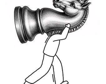 May include: A black and white line art illustration depicting a stylised figure walking while carrying a large, detailed chess knight piece on their shoulders. The knight piece features intricate cross-hatching and shading, while the figure is rendered in a simple, minimalist outline style.