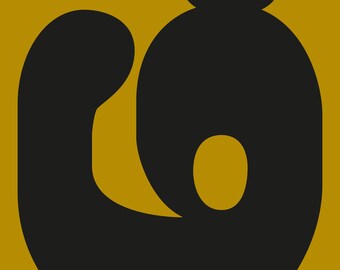 May include: A minimalist illustration of a black cat on a mustard yellow background. The cat is depicted in a stylized, abstract form with a curved tail and closed white eyes. The design is simple and graphic.