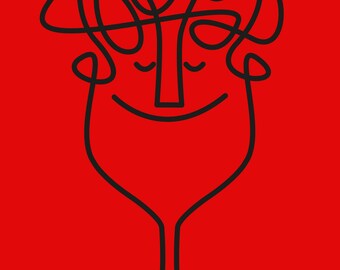 May include: A black line drawing of a wine glass with a face on a red background. The face has closed eyes and a smile, with abstract lines above representing hair. A simple, modern design.
