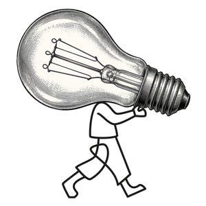 Puede incluir: Un dibujo de líneas en blanco y negro de una figura estilizada que lleva una bombilla incandescente grande y detallada, con estilo de grabado, sobre sus hombros. La figura está representada con contornos simples, mientras que la bombilla presenta sombreados intrincados y filamentos internos visibles.