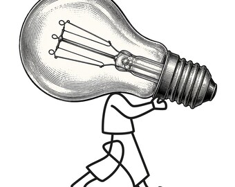 May include: A black and white line drawing of a stylised figure carrying a large, detailed, etched-style incandescent light bulb on their shoulders. The figure is depicted with simple outlines, while the light bulb features intricate shading and visible internal filaments.