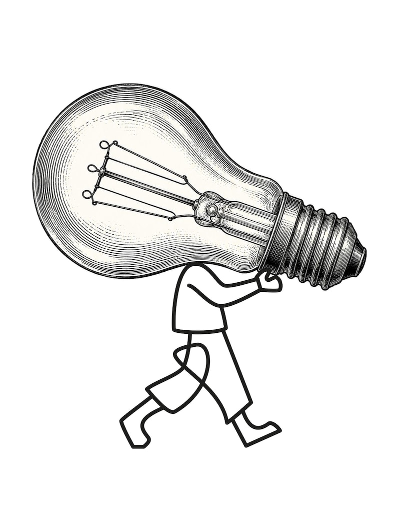 May include: A black and white line drawing of a stylized figure carrying a large, detailed, etched-style incandescent light bulb on their shoulders. The figure is depicted with simple outlines, while the light bulb features intricate shading and visible internal filaments.