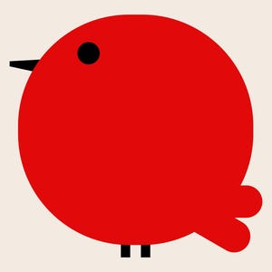 May include: A graphic illustration of a round, bright red bird. The bird features a simple black circular eye, a small black triangular beak pointing to the left, and two small black rectangular feet. The tail consists of two rounded red shapes.