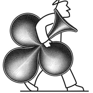 May include: A black and white line art illustration of a stylized figure walking while carrying a large, three-lobed clover-shaped object. The object features intricate, dense cross-hatching patterns that create a textured, shaded appearance.