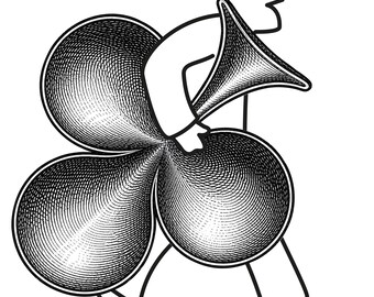 May include: A black and white line art illustration of a stylised figure walking while carrying a large, three-lobed clover-shaped object. The object features intricate, dense cross-hatching patterns that create a textured, shaded appearance.