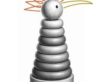 May include: A stackable ring toy with a spherical head and six grey rings on a circular base. The head features a black dot eye and a stylised orange line drawing of a crest and beak. Two brown line-drawn feet extend from the base bottom.