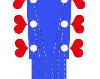 May include: A blue guitar headstock with six white tuning pegs and six red heart-shaped tuning keys. Dotted lines run down the neck of the guitar. The background is white.