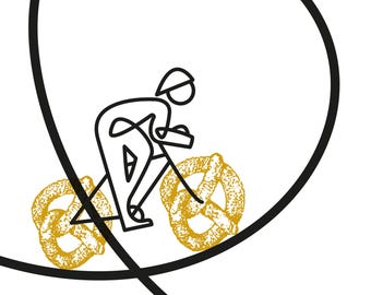 May include: A black line drawing of a cyclist in a forward-leaning position. The bicycle wheels are replaced by two golden-brown, textured pretzels. A large, continuous black loop encircles the cyclist and the pretzel wheels.