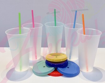 24oz Clear Cup | 24oz Clear Color Tumblers | Blank Clear Cups | 24oz Reusable Cups W Lids & Color Straws | Pack of 5  | Fast Ship USA