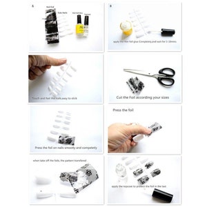 May include: Step-by-step guide for applying nail foil. Includes images of nail foil, fake nails, glue, scissors, and topcoat. Instructions include applying glue, cutting foil, pressing foil, and applying topcoat. The text says "Touch and feel the nails, easy to stick."