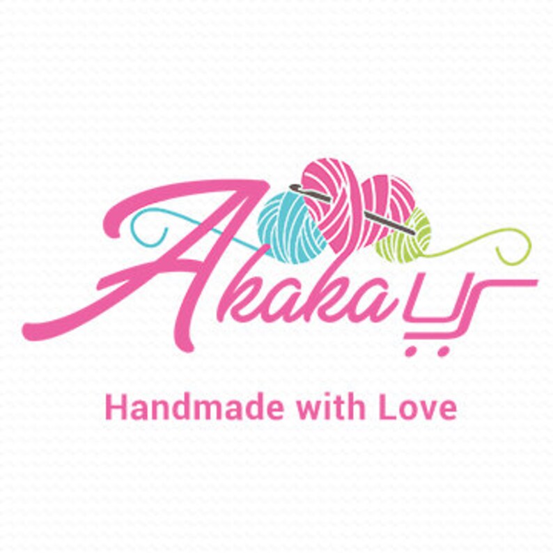 May include: A pink, green, and blue yarn ball with a knitting needle, with the text "Akaka" in pink cursive and "Handmade with Love" in black text below.