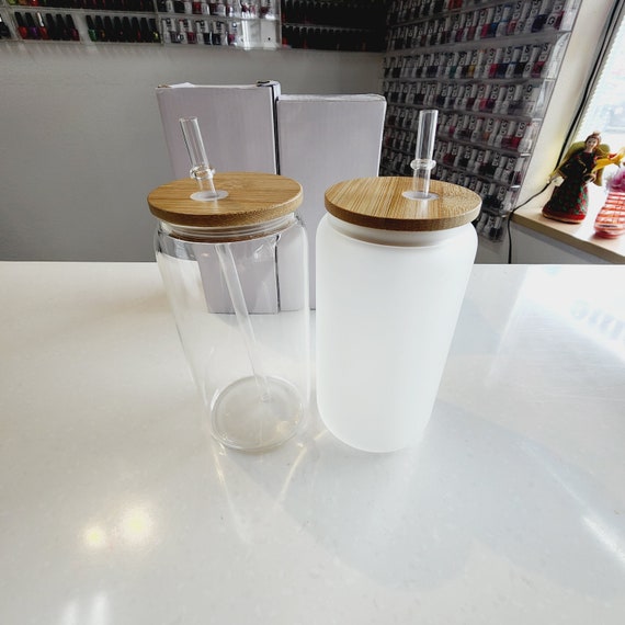 16oz Sublimation Glass Can, Clear Sublimation Glass Can, Frosted Glass Beer  Can, Sublimation Tumbler With Bamboo Lid and Plastic Straw 