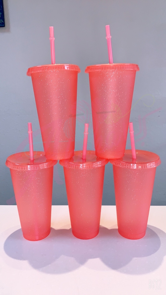 Clear Glitter Reusable Plastic Cold Cups, 24 Oz & 16 Oz, Set of 5 Cups 