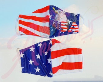 American Flag Face Mask - Cotton Adult or Teens Washable, Reusable Face Masks, Breathable, 3 Layers - Fast Shipping and Shipped from the USA