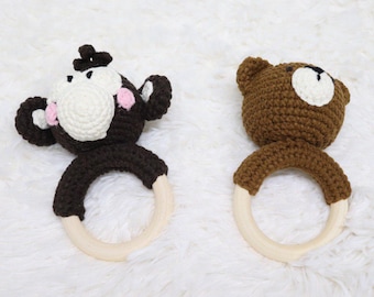 Monkey Bear Crochet Rattle| Crochet Baby Gift| Newborn Toy| Baby Shower Gift| Organic Eco Animal Decor Room| Eco Baby Toy| Wood Teether Ring