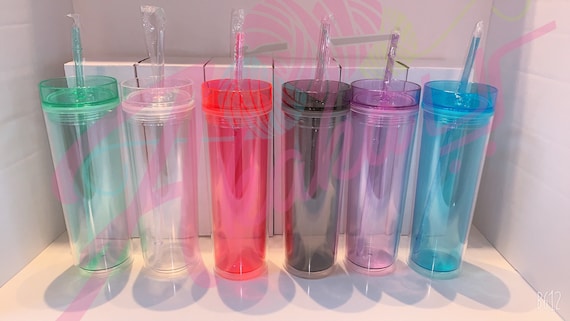 Strata Cups Skinny Tumblers 12 Clear Acrylic Tumblers with Lids and Straws | Skinny, 16oz Double Wall Clear Plastic Tumblers with Free Straw