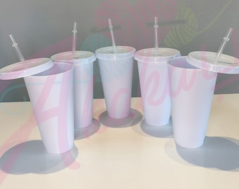 24oz White Cup | 24oz White Color Tumblers | Blank White Cups | W Lids & Straws | Reusable Cold Cup | Pack of 5 | Fast Ship USA