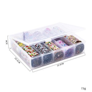 以下が含まれることがあります： 蓋付きの透明なプラスチック製の収納ボックスで、カラフルなネイルアートホイルのロールが10本入っています。ボックスのサイズは10.3cm&times;12.6cm&times;3cmです。