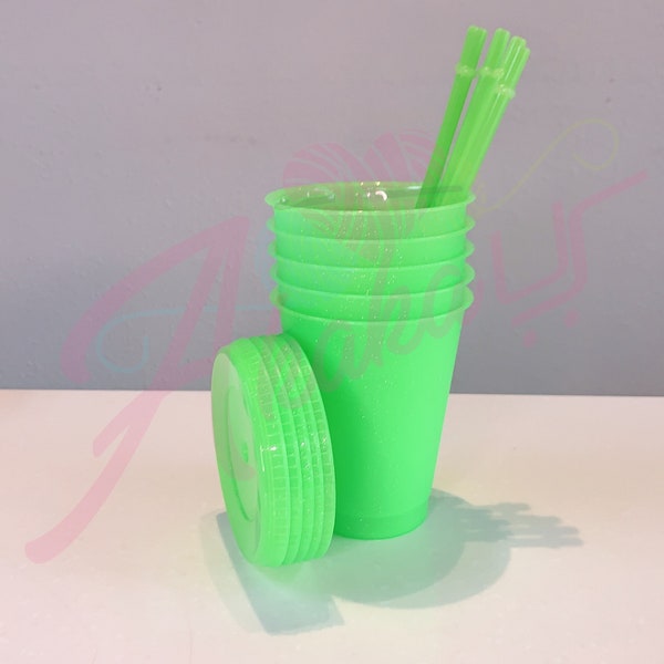 16oz Green Glitter Cup | 16oz Green Glitter Tumbler | Blank Glitter Cup | W Lids & Straws | Reusable Cold Cup | Pack of 5 | Fast Ship USA