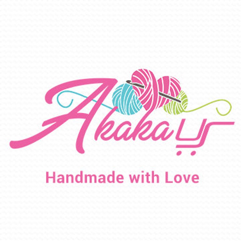 May include: A pink, green and blue yarn ball with a knitting needle, with the text "Akaka" in pink cursive and "Handmade with Love" in black text below.