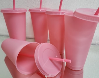 24oz Pink Cup | 24oz Pink Pastel Tumbler | Blank Pink Cup | W Lids & Straws | Reusable Cold Cup | Pack of 5 | Fast Ship USA