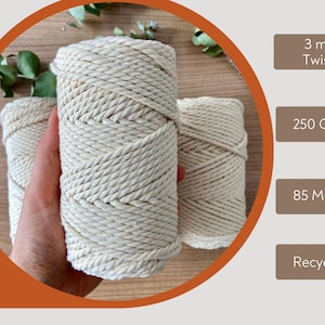 3 mm Makramee-Schnur: Gedrehtes Seil aus 100% Baumwolle, 80m lang