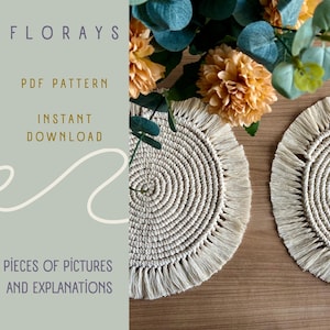 May include: Two beige crochet coasters with fringe edging. The coasters are on a wooden surface with a bouquet of yellow flowers and green leaves in the background. The text "FLORAYS PDF PATTERN INSTANT DOWNLOAD 73 PIECES OF PICTURES AND EXPLANATIONS" is on a green background.