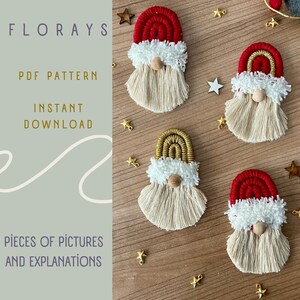 May include: Four handmade macrame gnome ornaments with red hats, white beards, and wooden noses. The ornaments are arranged on a wooden surface with star-shaped decorations. The text "FLORAYS PDF PATTERN INSTANT DOWNLOAD" is visible.