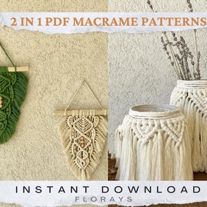 May include: Two macrame patterns, one in green and one in beige, with wooden dowels. The beige pattern is also shown on two jars with dried lavender. The image text reads "2 IN 1 PDF MACRAME PATTERNS INSTANT DOWNLOAD FLORAYS".