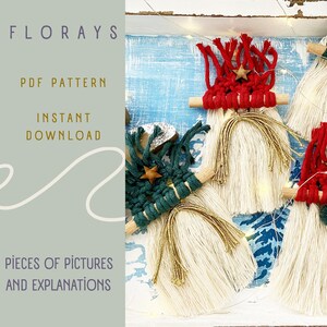 May include: A digital download PDF pattern for making three Christmas ornaments. The ornaments are made with yarn and feature a red, green, and white color scheme. The ornaments are decorated with a star and a pom-pom. The pattern includes 51 pictures and explanations.  "FLORAYS PDF PATTERN INSTANT DOWNLOAD 51 PIECES OF PICTURES AND EXPLANATIONS"