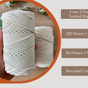 3mm Macrame Cord: 100% Cotton Twisted Rope, 278 ft