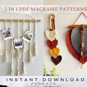 Op de afbeelding: Twee printbare macramé patronen, één met een wandhanger met kwastjes en fotoclips, en de andere met een hartvormige wandhanger met een bladontwerp. De patronen zijn direct te downloaden.