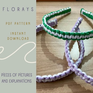 May include: Three crocheted headbands in different color combinations. The headbands are made with white and green yarn, white and purple yarn, and white and light green yarn. The headbands are arranged on a wooden surface. The text "FLORAYS PDF PATTERN INSTANT DOWNLOAD 20 PIECES OF PICTURES AND EXPLANATIONS" is visible on the left side of the image.