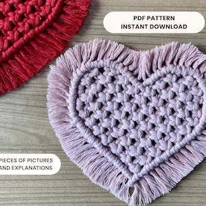 Patrón PDF de posavasos de macramé con forma de corazón, decoración de mesa bohemia DIY, San Valentín para compañeros de trabajo