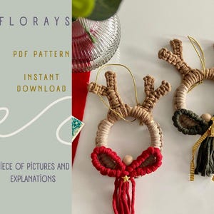 May include: Two handmade macrame reindeer ornaments. One ornament is red and green, the other is brown and green. Both ornaments have a bell and a tassel.