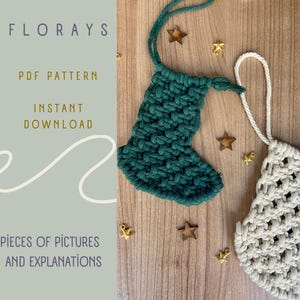 May include: Two handmade Christmas stockings, one green and one cream, are displayed on a wooden surface with gold star ornaments. The green stocking is densely crocheted, while the cream one has an open, woven design. Text on the left side reads "FLORAYS PDF PATTERN INSTANT DOWNLOAD".