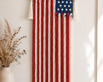 Bandera de EE. UU. en macramé para colgar en la pared: decoración patriótica del 4 de julio