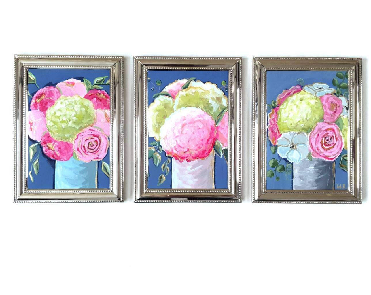 Set of 3 paintings framed / original floral wall art / acrylic Etsy