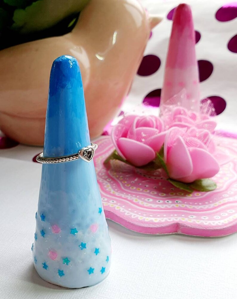 Ring cone ring tree ring keeper ring holder UK birthday gift for girl sister daughter friend Blue ring cone with glitter