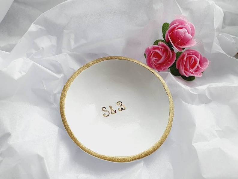 Engagement ring dish wedding ring dish personalised ring dish gift custom monogram UK initials date names gold clay ring holder