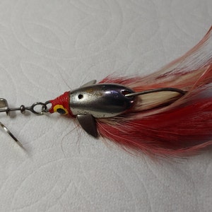 VINTAGE TONY ACCETTA RIVER DEVIL SPINNER WITH BROWN FEATHERS FISHING LURE