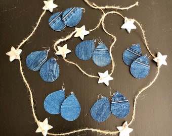 Teardrop Earrings, Denim Earrings, Fabric Earrings, Repurposed Denim, Statement Earrings, Blue jean earrings