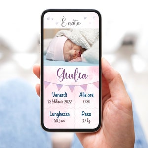 annuncio nascita per whatsapp, digitale, per i social, digital birth announcement, JPG, annuncio neonato, ciao mondo, è nato, newborn