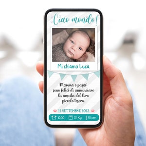 annuncio nascita per whatsapp, digitale, per i social, digital birth announcement, JPG, annuncio neonato, ciao mondo, è nato, newborn
