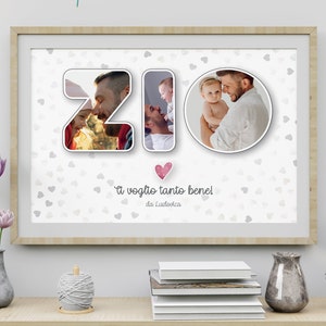 Può includere: Una stampa incorniciata con sfondo bianco e un motivo a cuori grigi. La parola "ZIO" è scritta in grandi lettere, ogni lettera contiene una foto diversa di un uomo e un bambino. Il testo "Ti voglio tanto bene! da Ludovica" è scritto sotto le lettere.