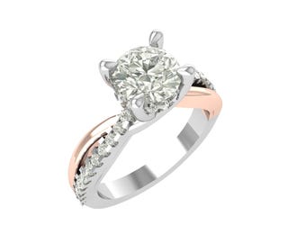 May include: A silver and rose gold engagement ring with a large, round, clear gemstone. The band features small accent stones and a twisted design. The ring is set against a white background.