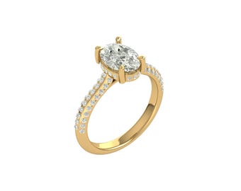 May include: A gold ring with an oval-cut diamond centre stone. The band is embellished with smaller diamonds, adding sparkle. The ring is set against a white background, emphasising its elegant design.