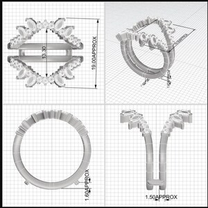 Puede incluir: Representación 3D de un diseño de anillo plateado. El anillo presenta una doble banda y un diseño de inspiración floral con múltiples gemas. Se proporcionan dimensiones aproximadas, incluida una altura de 19,00 mm y un ancho de banda de 1,60 mm.