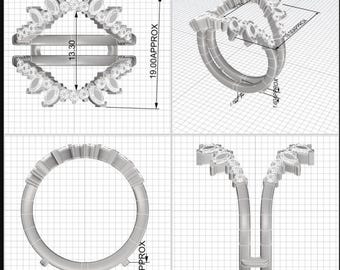 May include: A 3D rendering of a silver ring design. The ring features a double band and a floral-inspired design with multiple gemstones. Approximate dimensions are provided, including a height of 19.00 mm and a band width of 1.60 mm.