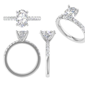 Puede incluir: Un anillo de compromiso de diamantes con una piedra central de talla ovalada y una banda pavimentada. El anillo se muestra desde múltiples ángulos, incluyendo una vista superior, una vista lateral y una vista en ángulo. El anillo es de metal blanco.